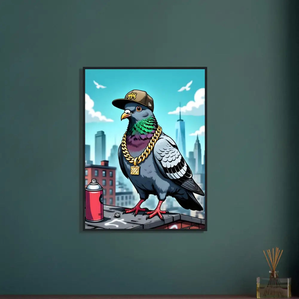 Framed pigeon art poster featuring Gangster Pigeon Skyline by PixiOnyx Streetwise Satire