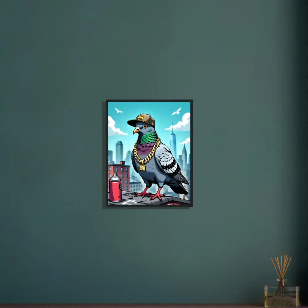 Framed pigeon art from the Gangster Pigeon Skyline poster by PixiOnyx Streetwise Satire