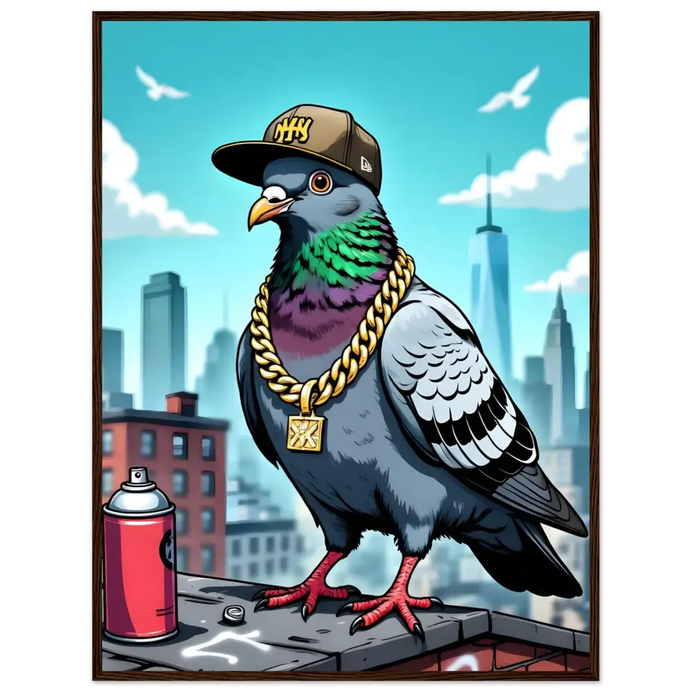 Cartoon pigeon wearing a hat and gold chain from Framed Poster Gangster Pigeon Skyline