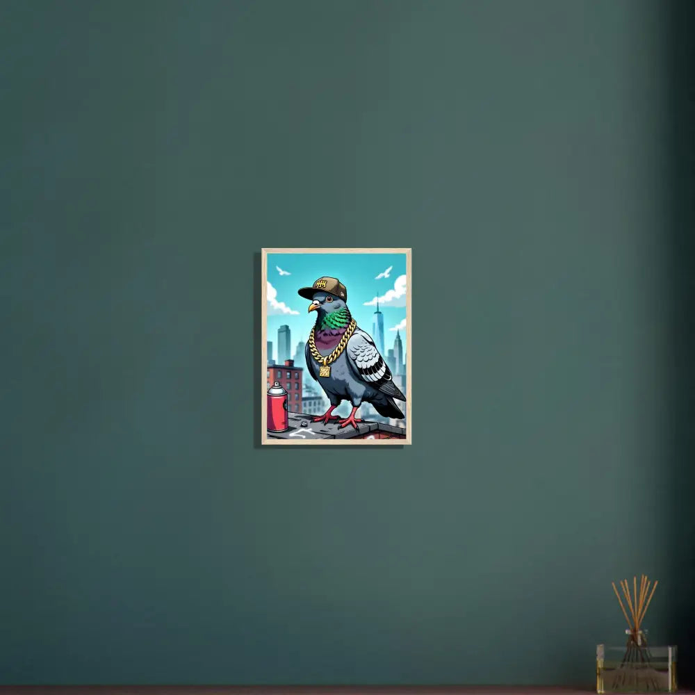 Framed pigeon art poster featuring streetwise satire in a skyline setting