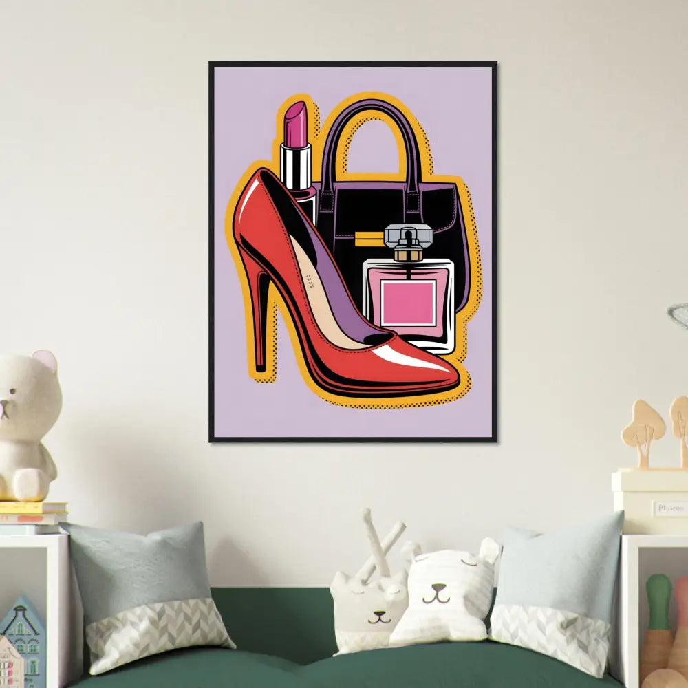 Pop art fashion illustration of red high heel black handbag pink lipstick perfume on light purple background for Glam Slam poster