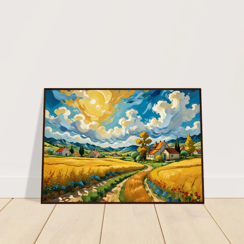 Framed landscape painting of golden fields in pastoral dreamscape poster display