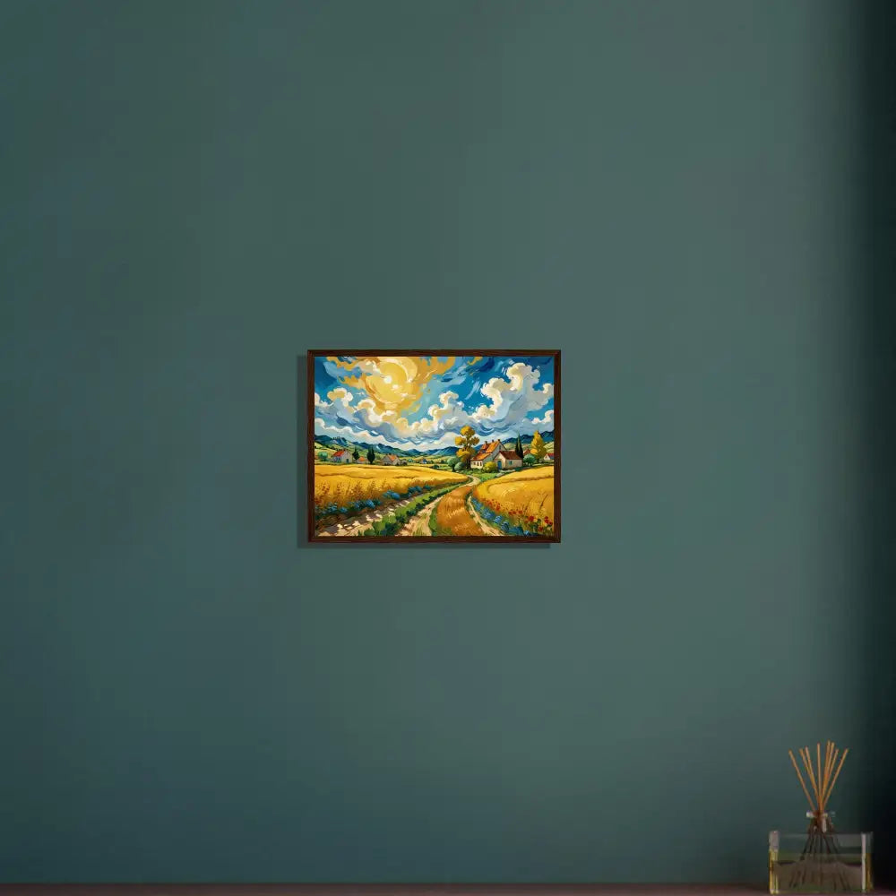Framed landscape painting titled Golden Fields Reverie in PixiOnyx Pastoral Dreamscape product