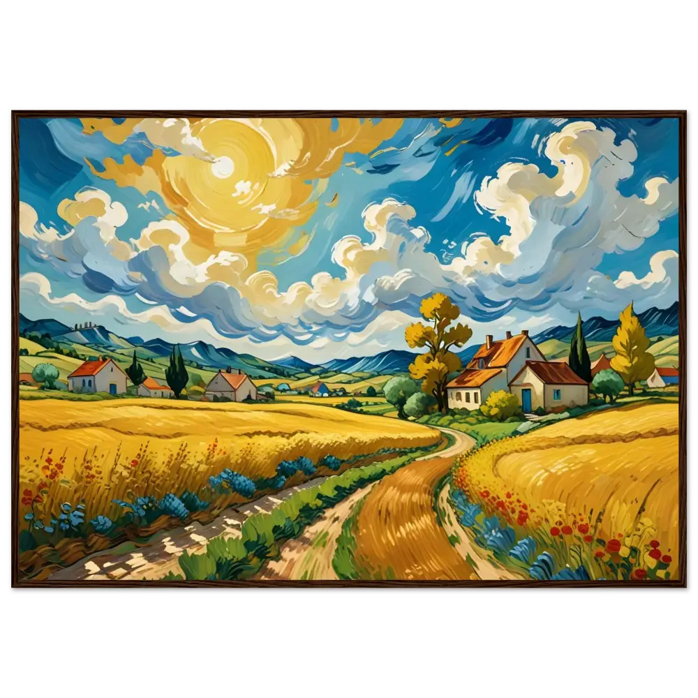 Vibrant impressionistic landscape painting in a framed poster Golden Fields Reverie PixiOnyx