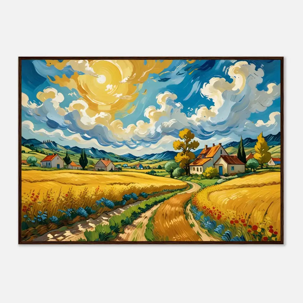 Vibrant landscape painting featuring golden fields in a pastoral dreamscape framed poster