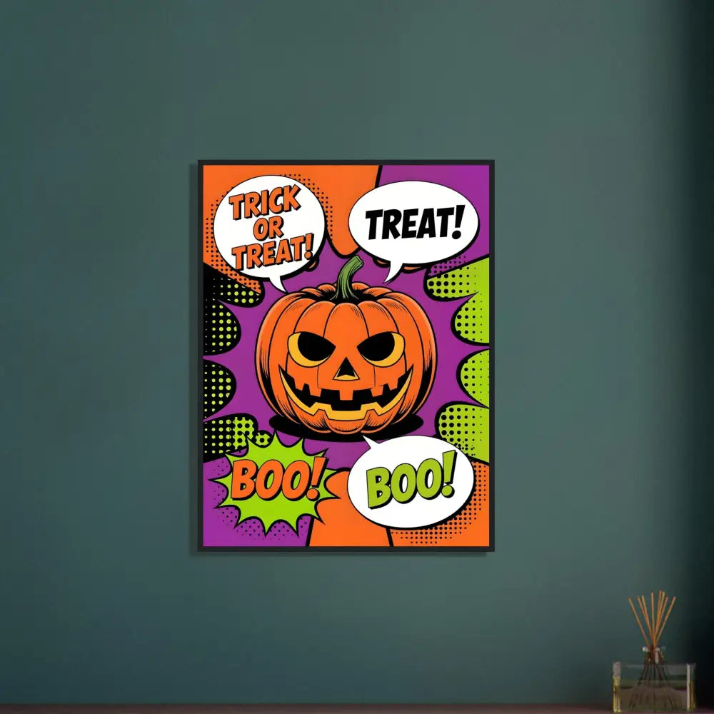 Vibrant Halloween pop art poster with grinning jack-o’-lantern wall decor