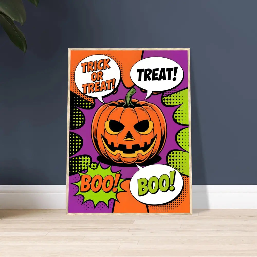Halloween pop art pumpkin poster displayed in Framed Poster Halloween Pop Art wall art