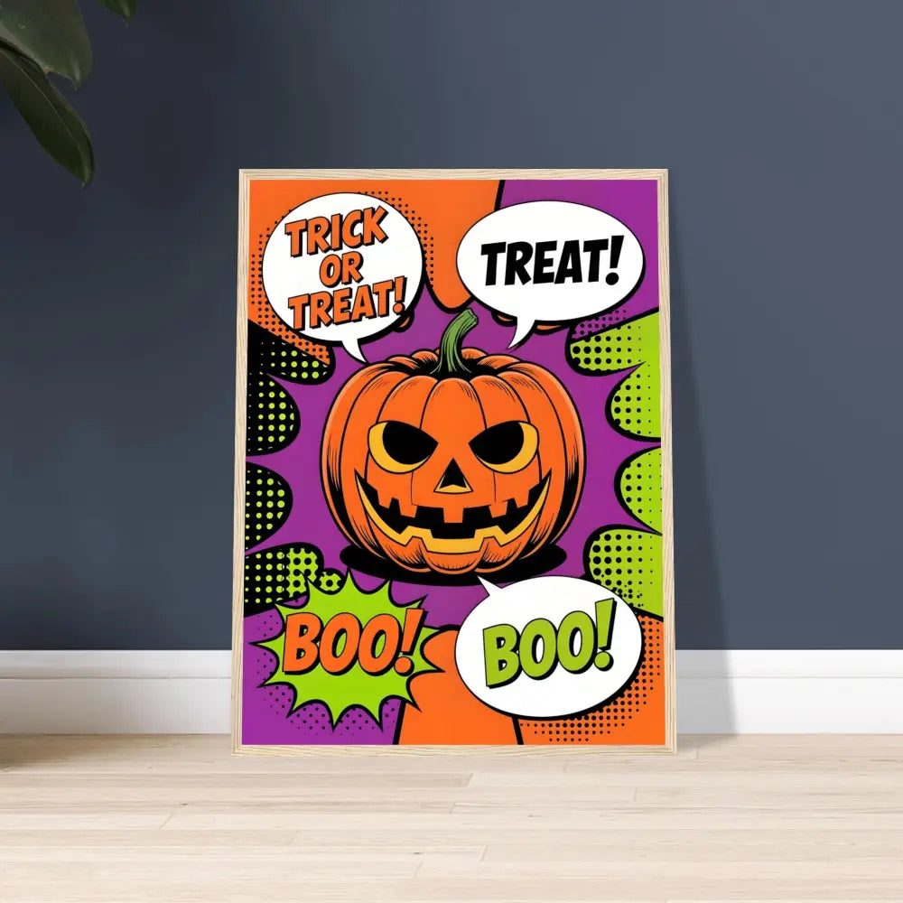 Framed Halloween pop art poster featuring Trick-or-Treat Pumpkin Wall Art by PixiOnyx