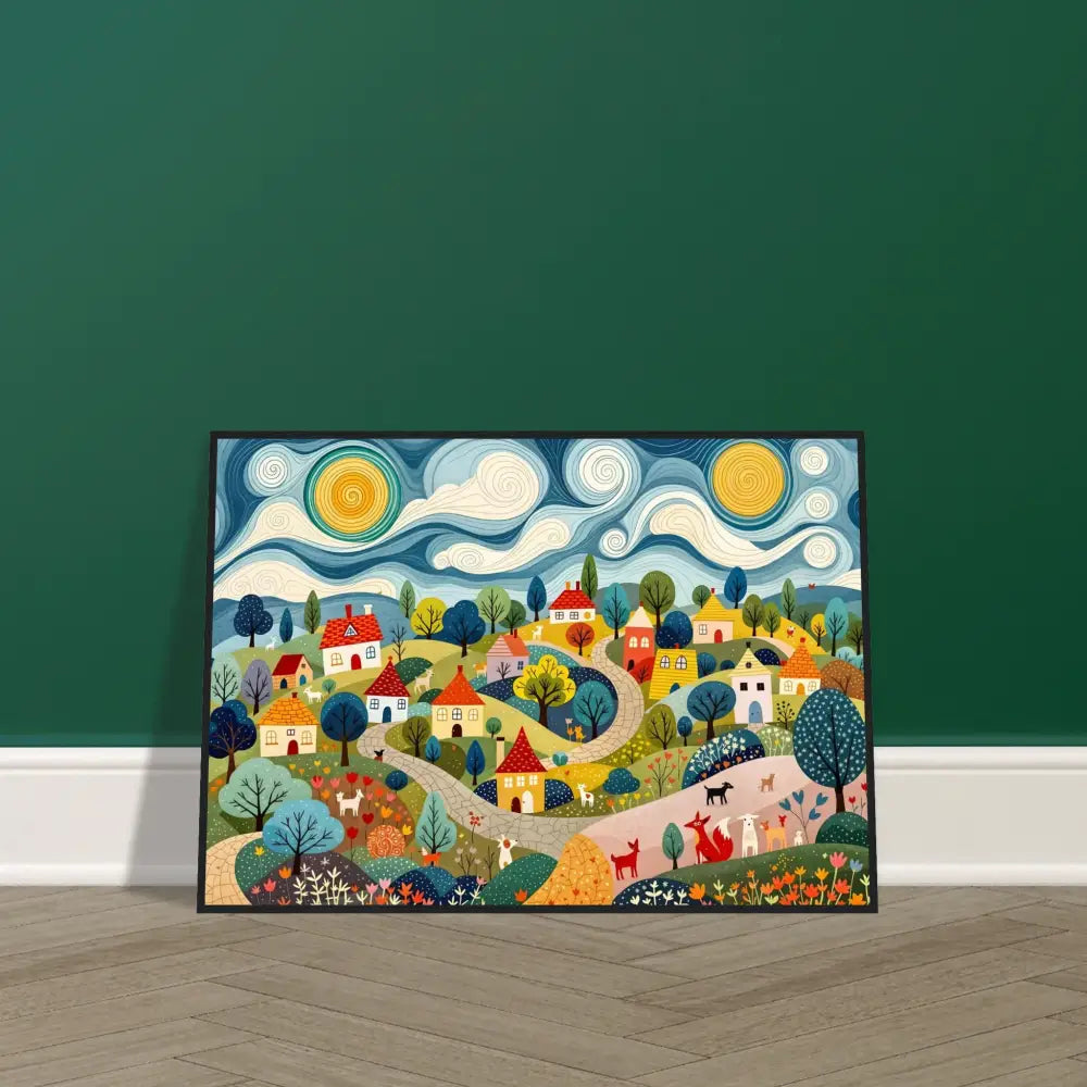Framed whimsical village artwork displayed in Hillside Harmony PixiOnyx art print