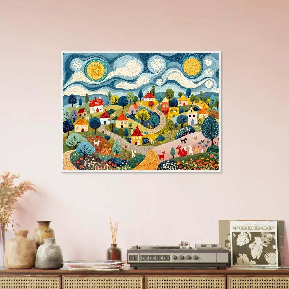 Colorful village scene artwork on framed poster Hillside Harmony PixiOnyx Whimsical Art Print