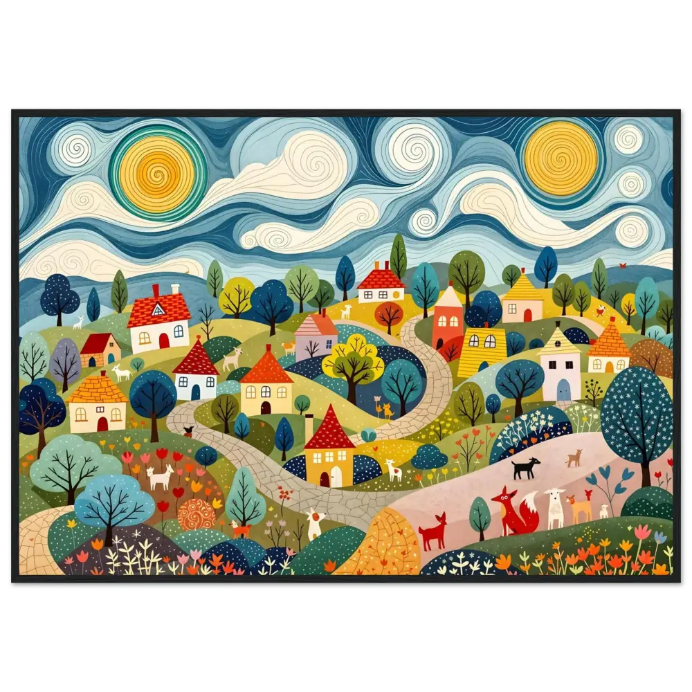 Whimsical village landscape painting framed as Hillside Harmony art print by PixiOnyx