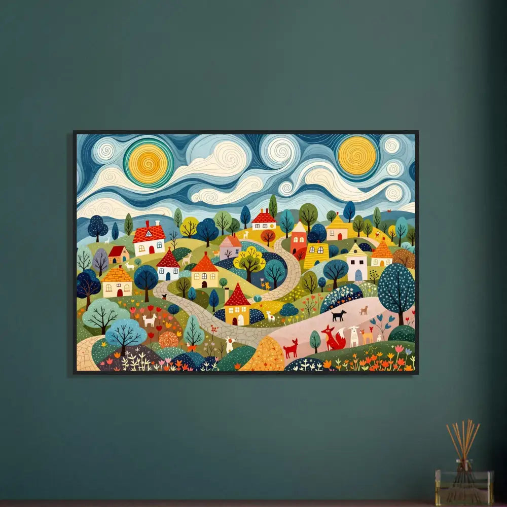 Framed whimsical village painting from Hillside Harmony PixiOnyx Whimsical Art Print