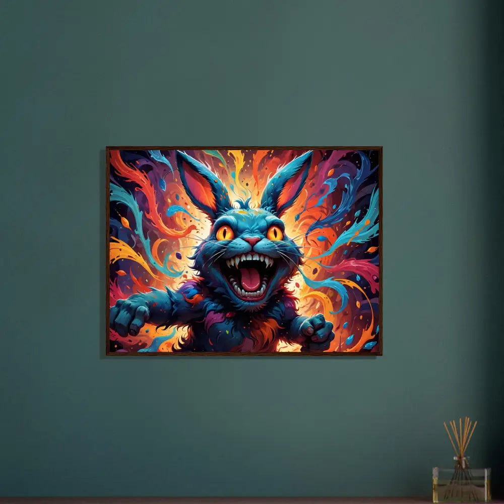 Framed colorful snarling rabbit art poster from PixiOnyx Chaos Frame Edition