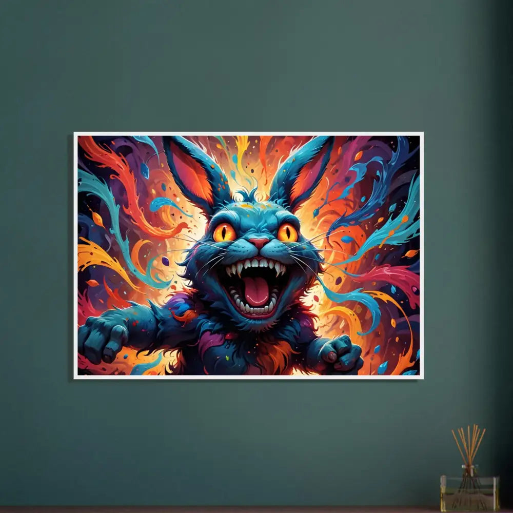 Colorful snarling rabbit art framed poster for Psycho Cottontail Quartet PixiOnyx Chaos Edition