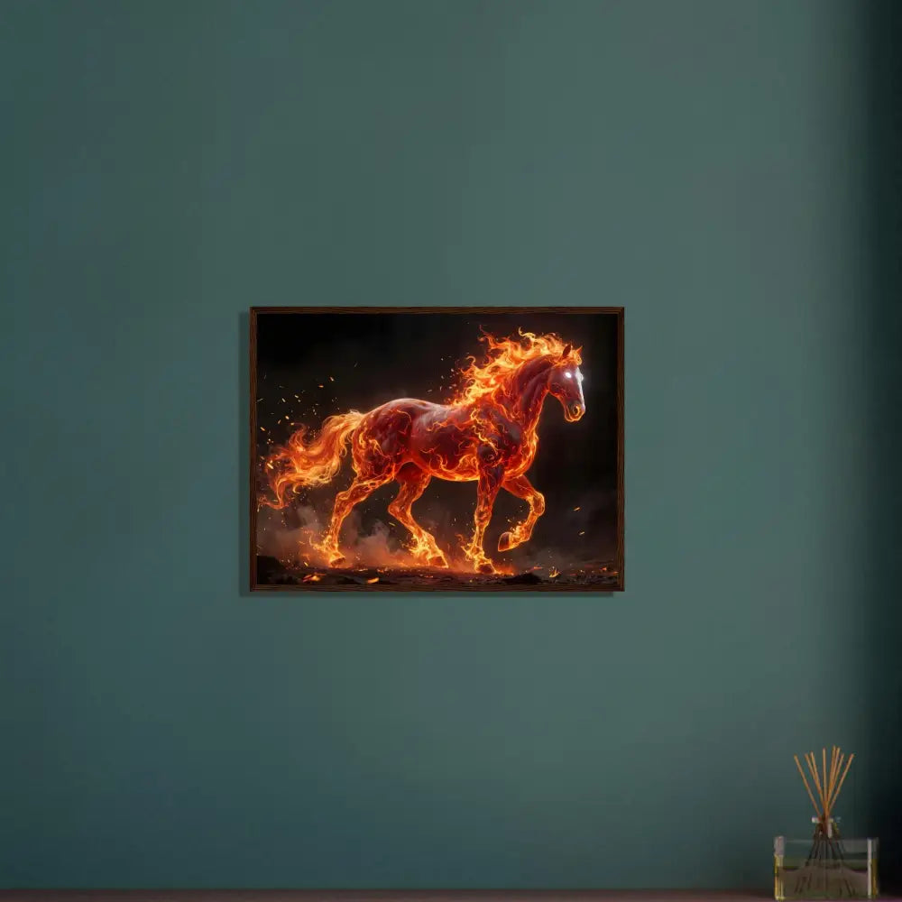 Framed Inferno Stallion painting with blazing fiery horse in premium wooden frame