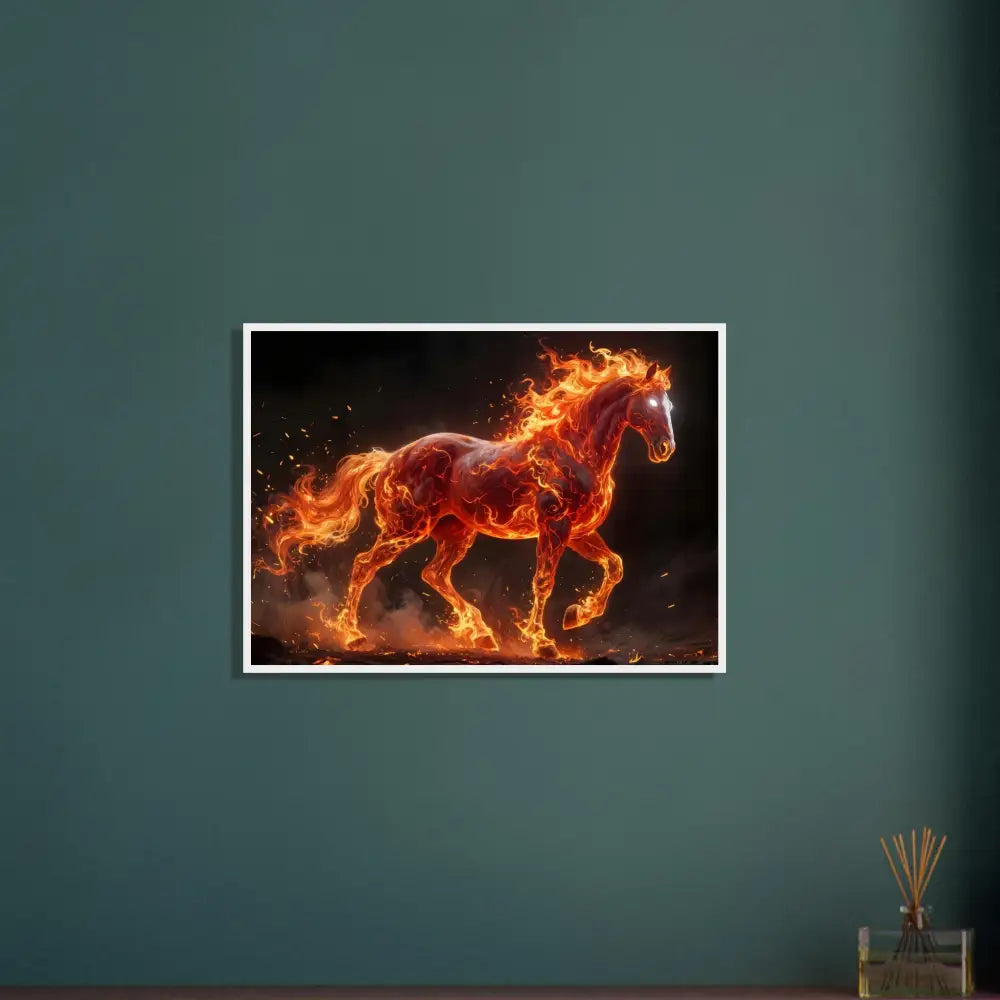 Framed Inferno Stallion digital art print in a premium wooden frame radiates fiery elegance