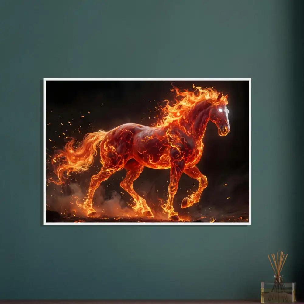 Inferno Stallion poster with fiery horse and glowing eyes in a premium wooden frame