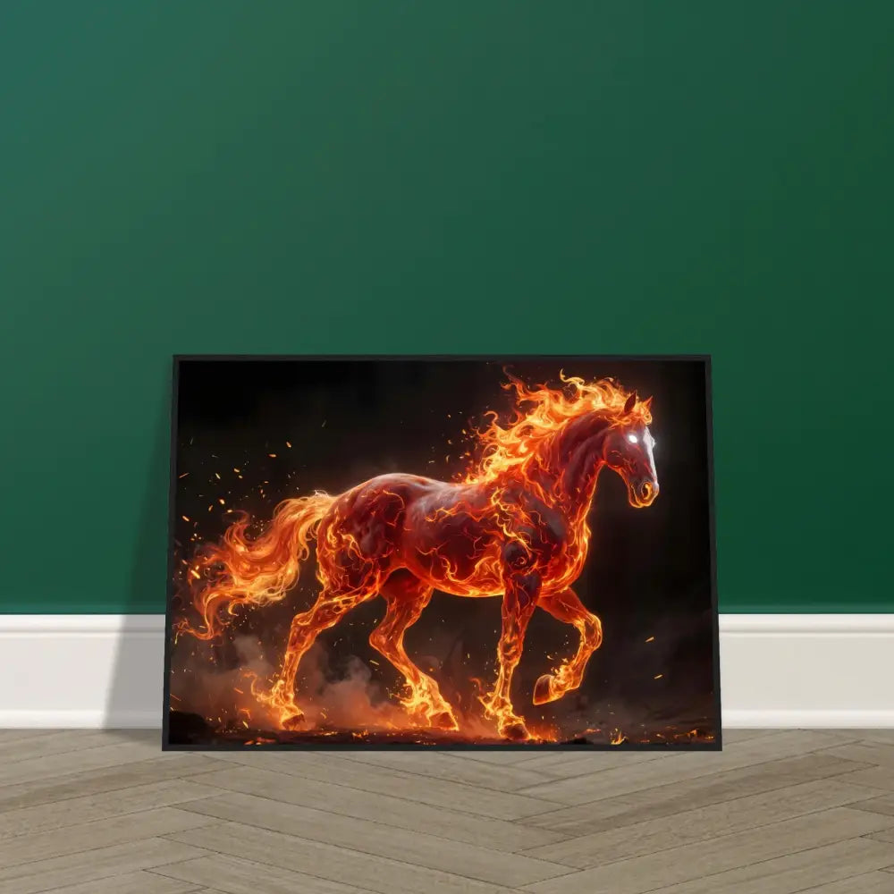 Framed Inferno Stallion print in premium wooden frame radiates fiery elegance
