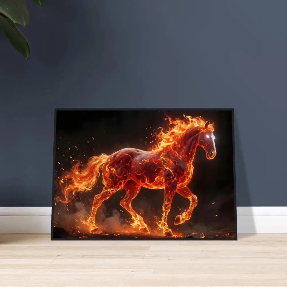 Framed Inferno Stallion poster with blazing fiery horse in premium wooden frame