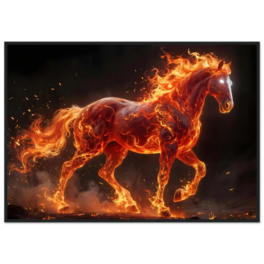Inferno Stallion poster with glowing eyes, flames, in a premium wooden frame