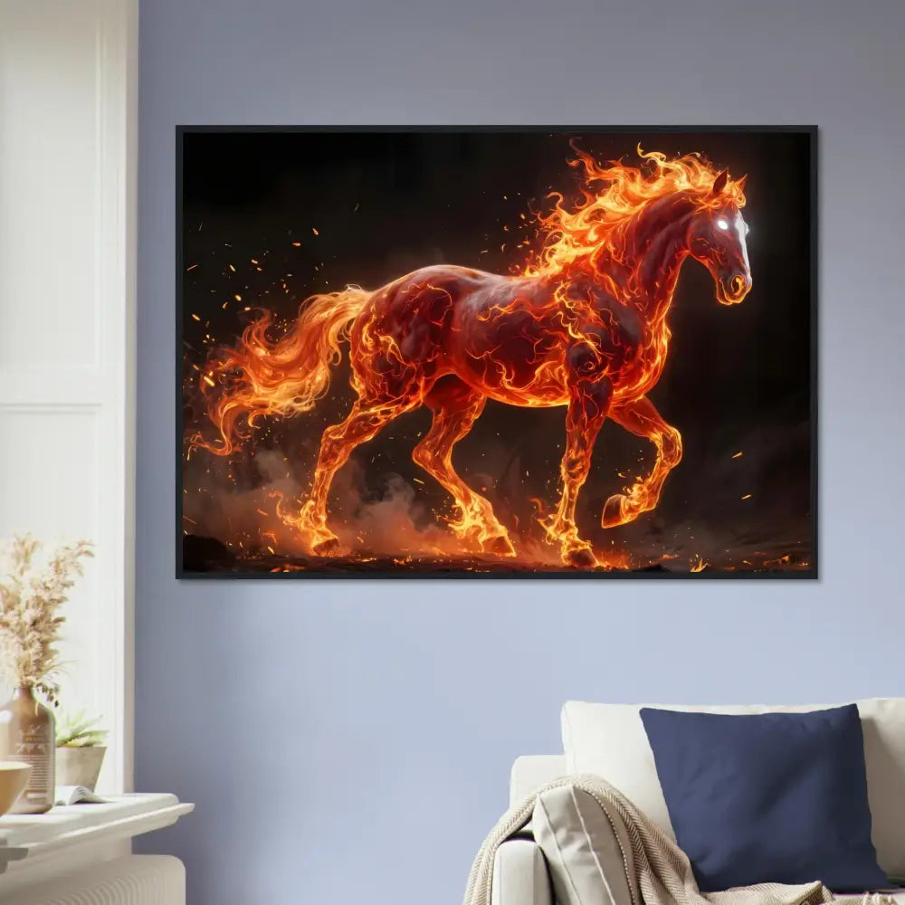 Inferno Stallion wall art with vibrant flames in a premium wooden frame radiates fiery elegance