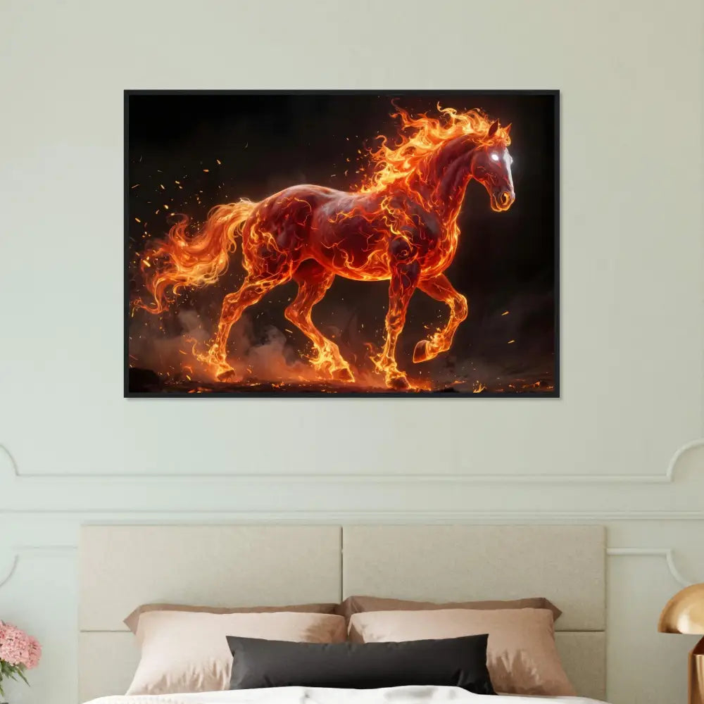 Framed Inferno Stallion art print with blazing fiery horse in premium wooden frame