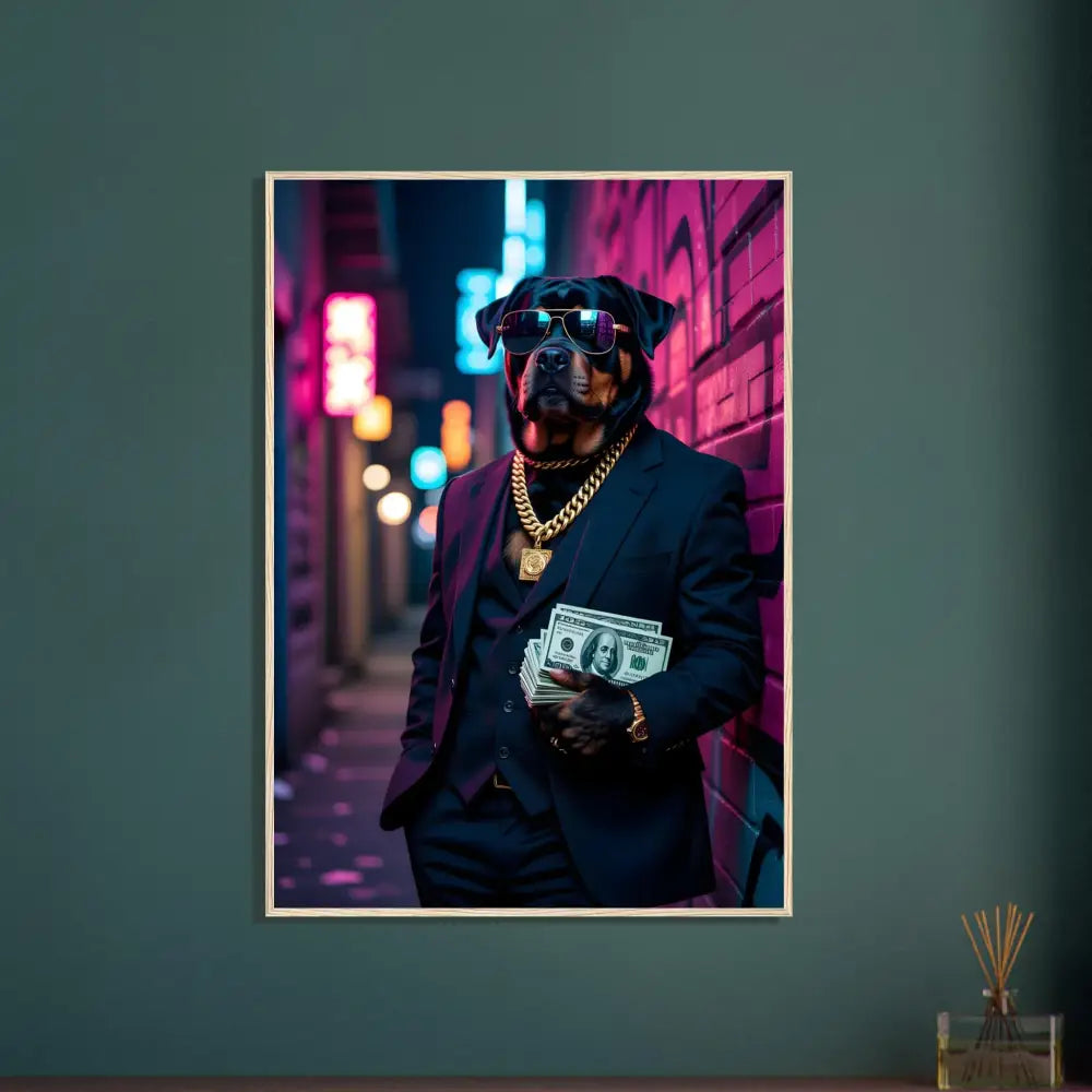 Framed dog portrait poster displayed in PixiOnyx Urban Command product