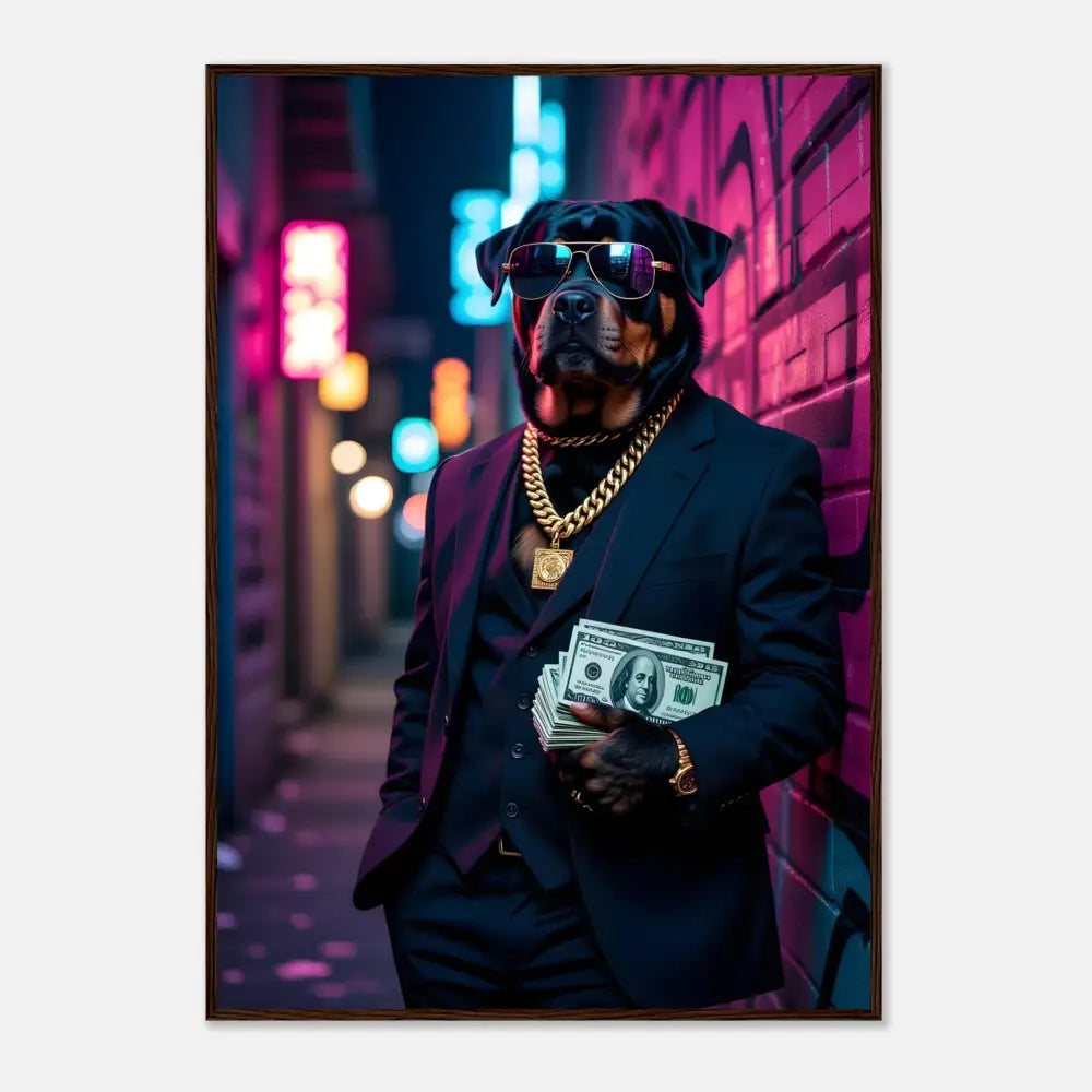 Rottweiler in a suit with money for Framed Poster Kingpin K9 PixiOnyx Urban Command