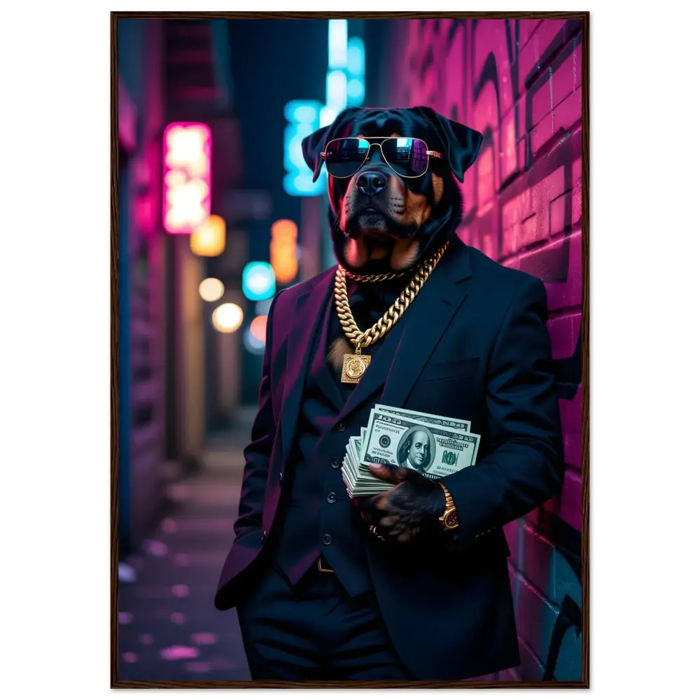 Rottweiler in a suit with money and jewelry for Framed Poster Kingpin K9 PixiOnyx Urban Command