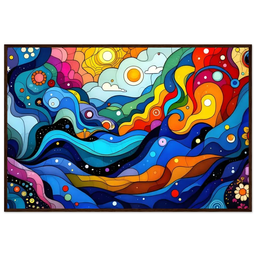Colorful abstract landscape painting displayed in PixiOnyx Layered Spectrum Framed Poster