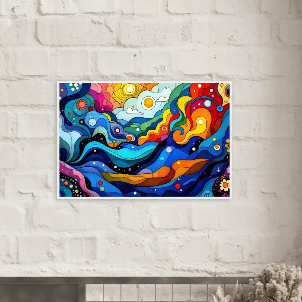 Colorful abstract art print in a framed poster titled Layered Spectrum by PixiOnyx