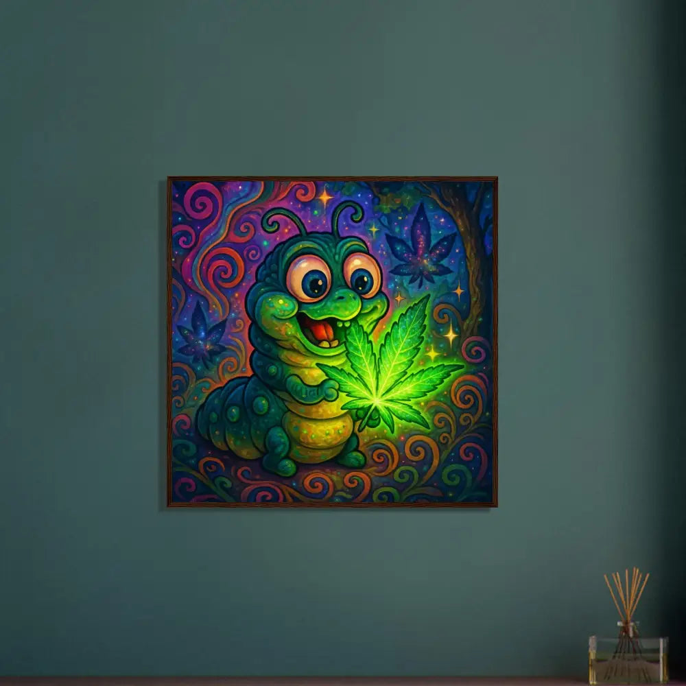Cartoon caterpillar holding marijuana leaf on psychedelic wall art framed poster