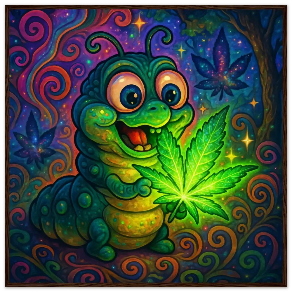 Cartoon caterpillar holding glowing cannabis leaf on psychedelic wall art poster