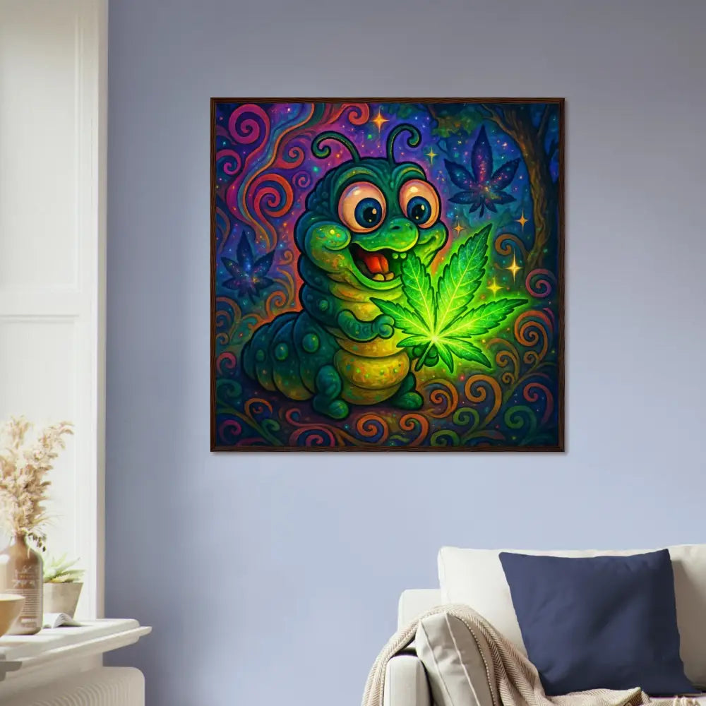 Framed cartoon caterpillar holding a marijuana leaf for PixiOnyx Psychedelic Wall Art