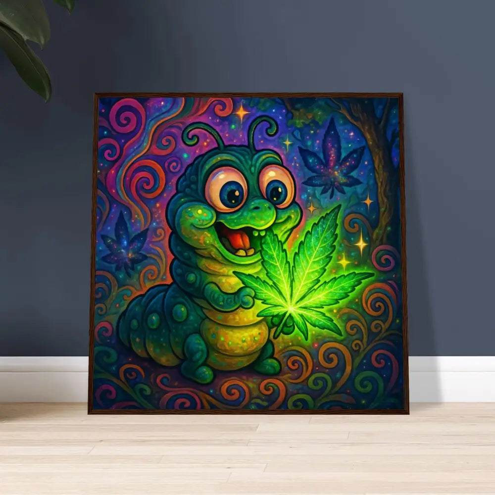 Cartoon caterpillar holding glowing cannabis leaf on Framed Poster Leaf Me Alone Psychedelic Wall Art