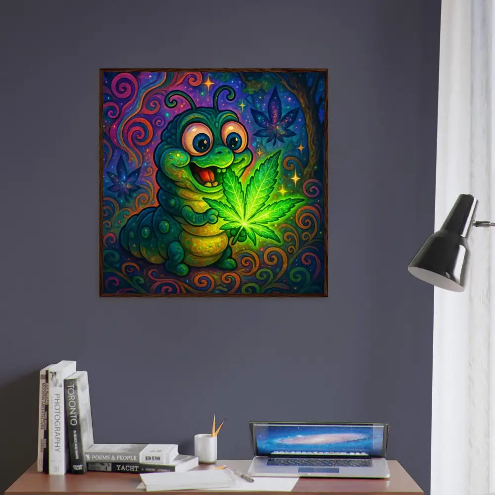 Cartoon caterpillar holding glowing marijuana leaf in psychedelic wall art framed poster