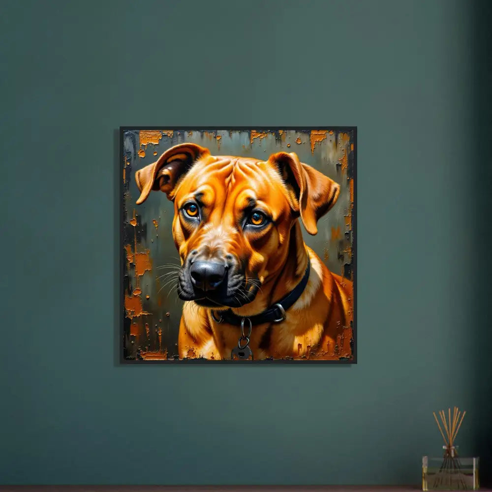 Framed poster of a brown dog with a black collar showing loyal companion’s gaze and noble stare rendered with expressive painterly strokes