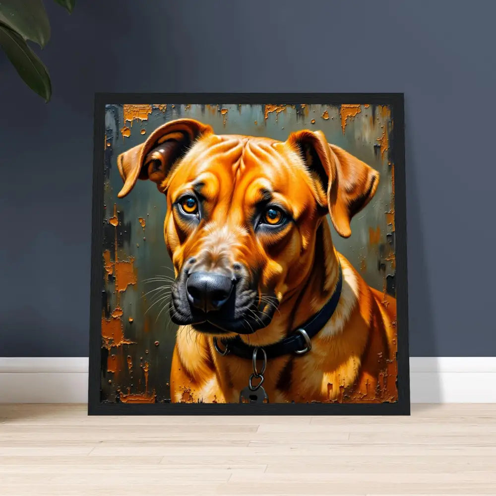 Vibrant framed poster of a Rhodesian Ridgeback with noble stare rendered in expressive painterly strokes