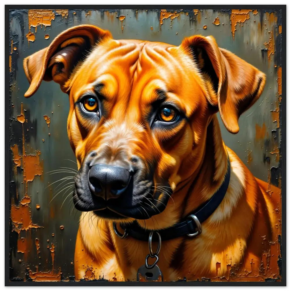Brown dog with black collar and tag showcasing loyal companion’s gaze in a noble stare rendered style