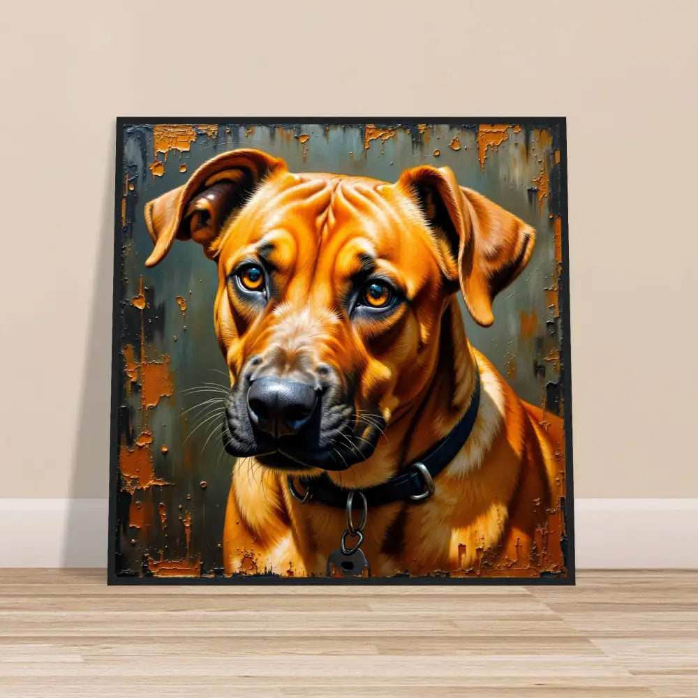Framed portrait painting of a sad-looking brown dog with noble stare rendered in expressive painterly strokes