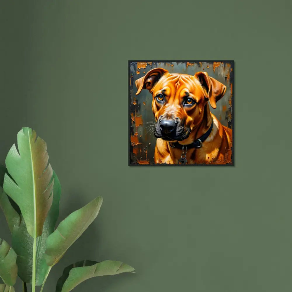 Painting of a brown dog with black collar showing loyal companion’s gaze and noble stare rendered with expressive painterly strokes