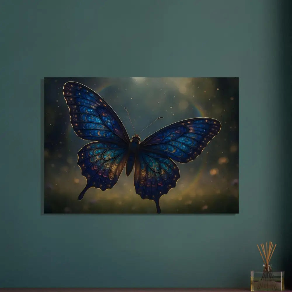 Blue butterfly wall art framed poster showcasing Luminara Ascend by PixiOnyx