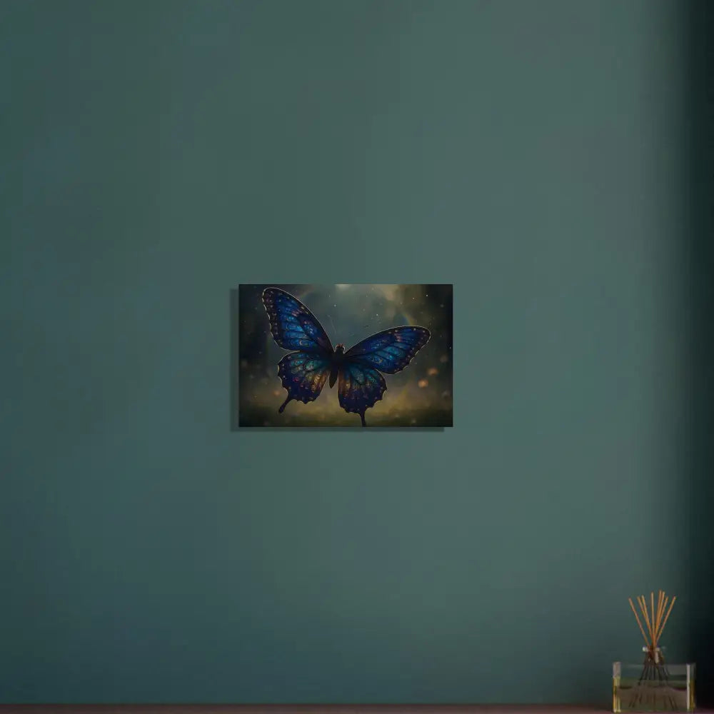 Blue butterfly canvas art displayed on Framed Poster Luminara Ascend by PixiOnyx