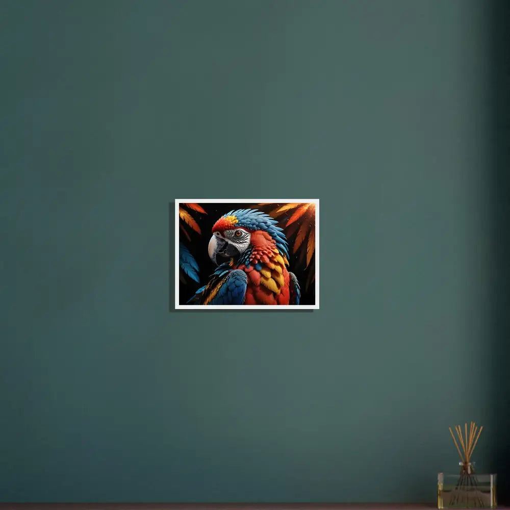 Framed Parrot Portrait displayed in Macaw Ascendant PixiOnyx Nature Royalty Wall Frame