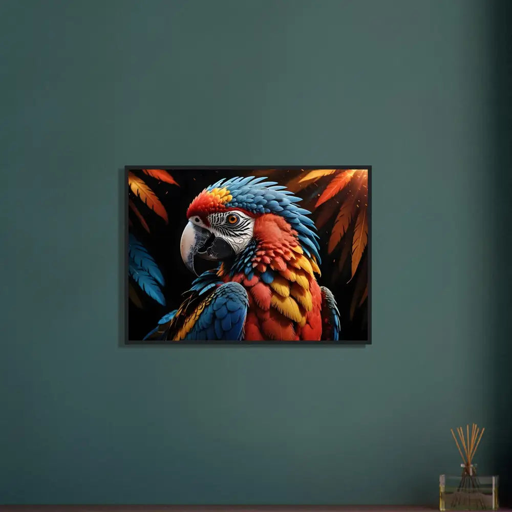 Framed macaw portrait wall art in PixiOnyx Nature Royalty Wall Frame