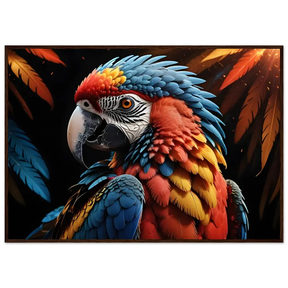Colorful macaw portrait in framed poster titled Macaw Ascendant by PixiOnyx Nature Royalty Wall Frame