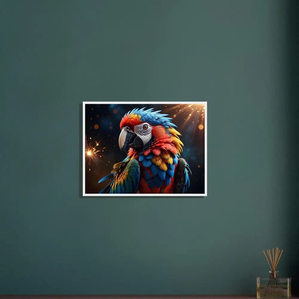 Framed Parrot Art displayed in Macaw Firelight Jungle Majesty Nature Frame poster