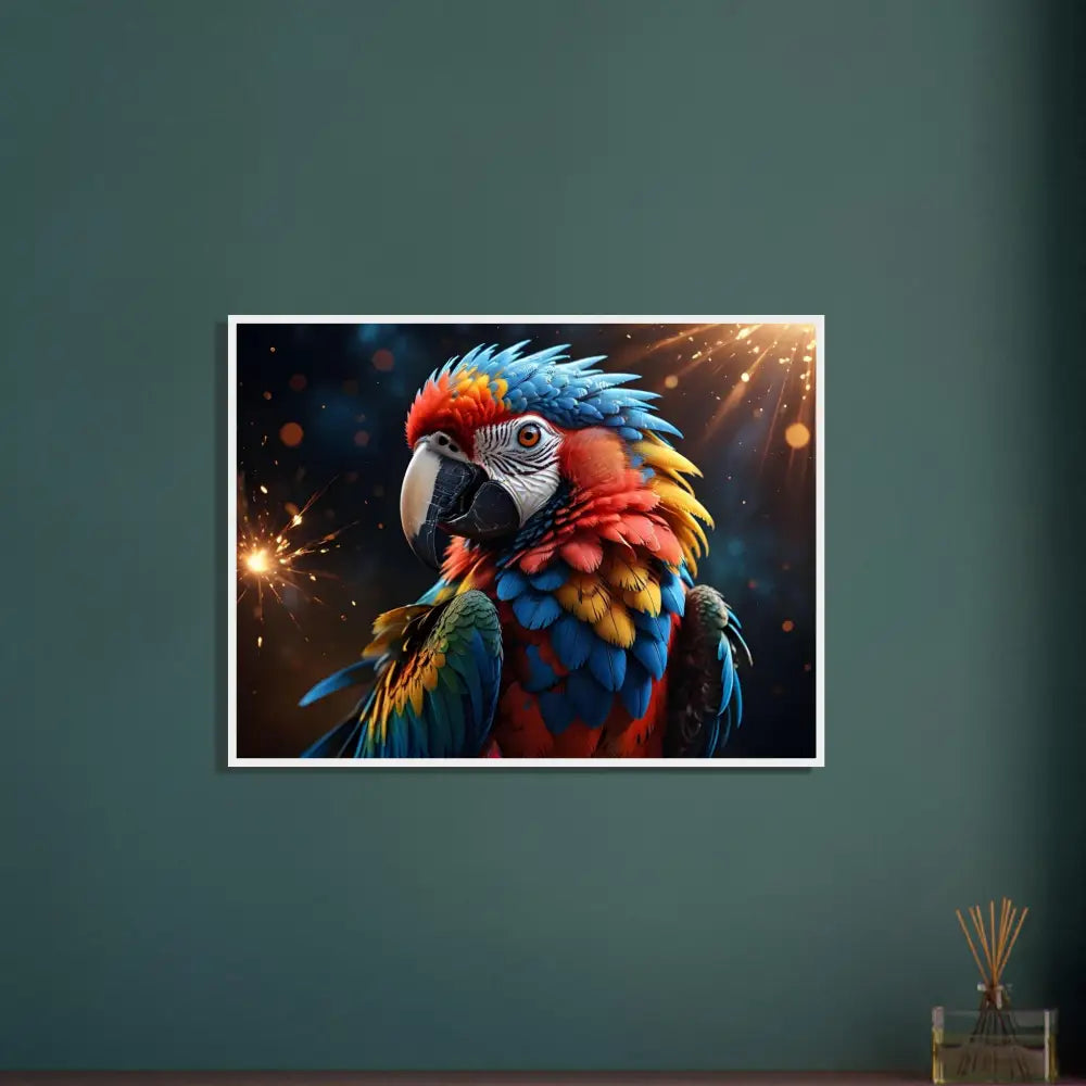 Colorful macaw art print in a framed poster titled Macaw Firelight by PixiOnyx Jungle Majesty