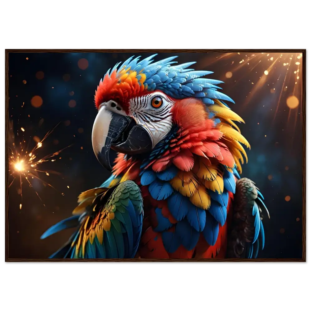Colorful macaw portrait framed as PixiOnyx Jungle Majesty poster showcasing vibrant feathers