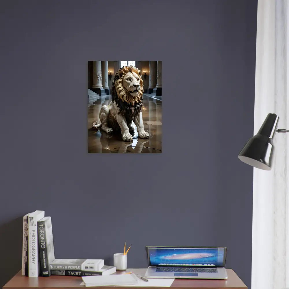 Framed poster of a marble lion statue in an elegant grand hall from PixiOnyx Regal Sculpture Series